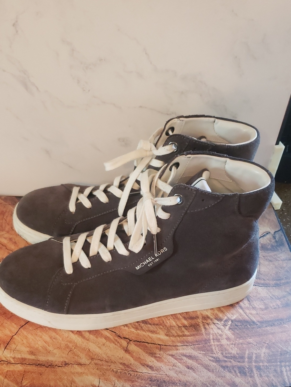 Michael Kors Men's Charcoal Suede High-Top Sneakers with White Sole 9.5